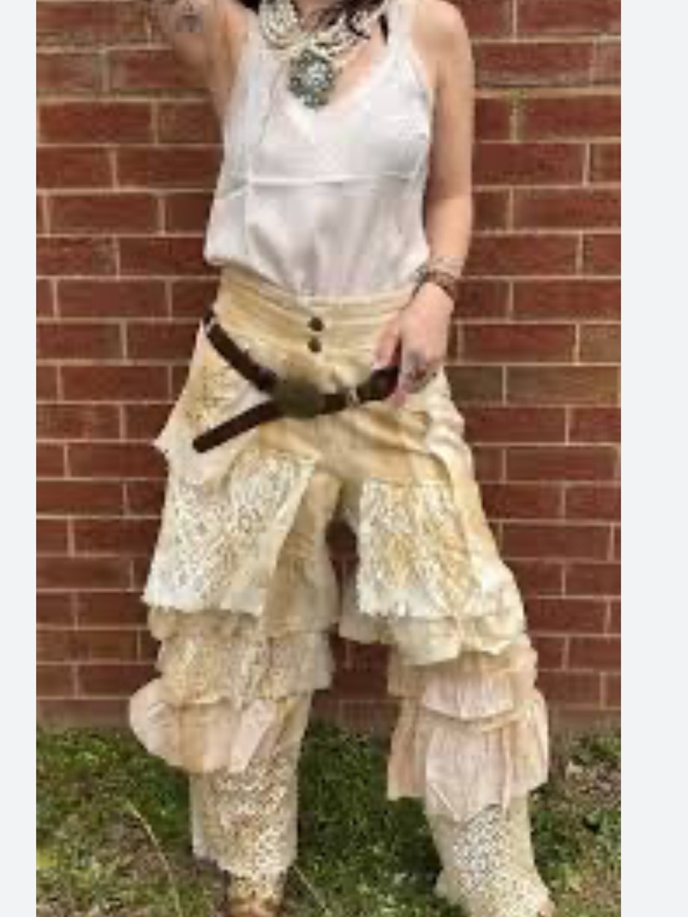 Rare Bird Handmade Cream Lace Pants, tea stained